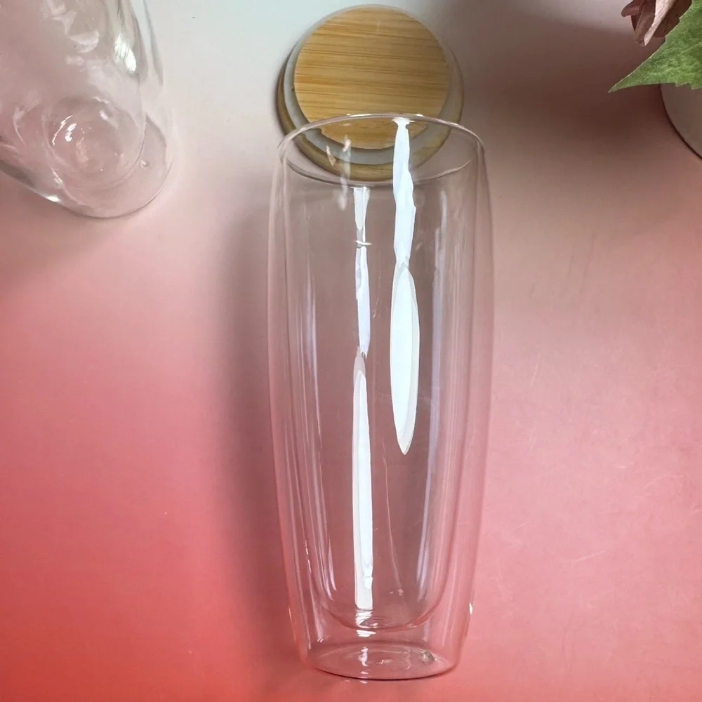 Double Walled Glass Tumblers With Bamboo Lid - set of 2. Approximately 26 ounce